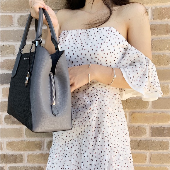 ‼️SALE‼️ Michael Kors Large Satchel Black MK Gray - Picture 3 of 5